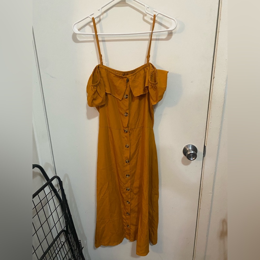 Boohoo Mustard Midi Dress with Button Detail
